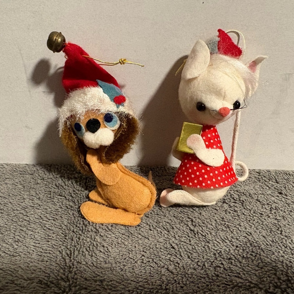 2 Vintage MCM Flock Felt Toy Soldier Christmas Tree Ornament Decor Retro Japan